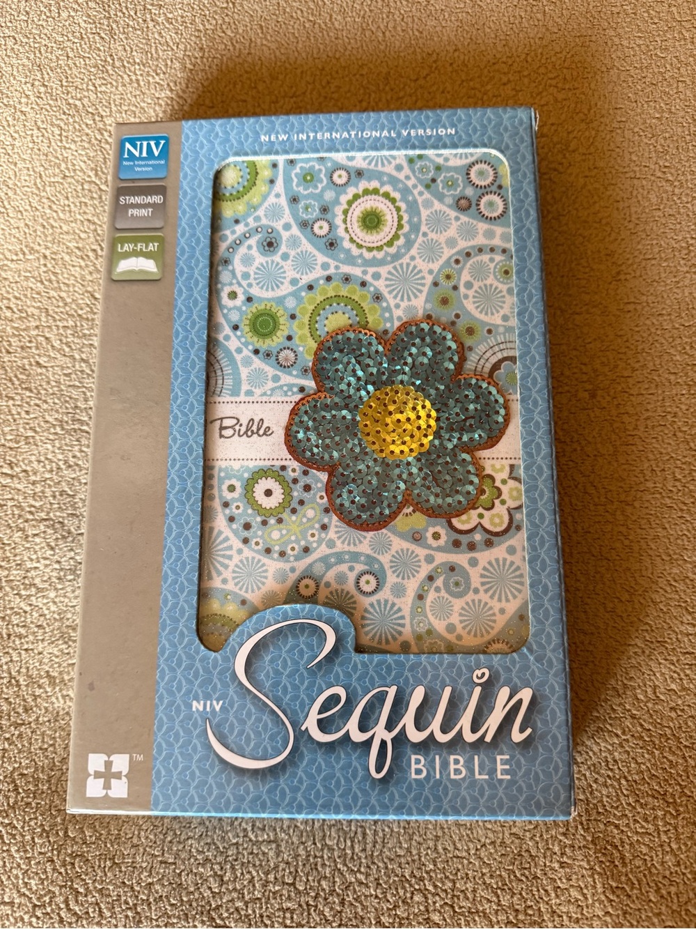 Sequin Bible with Blue Floral Sequin Cover New In Box